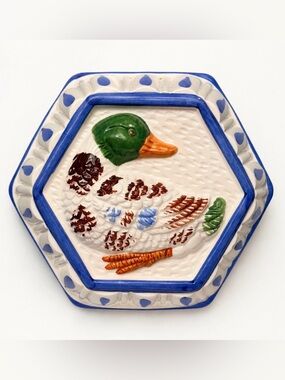 Vintage Hand-Painted Ceramic Mallard Duck Wall Plaque - Blue, Green, Orange